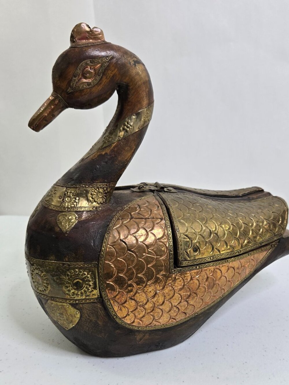 Vintage Goose Duck Storage Brass Wood Copper Box Inlay Swan Decor MCM